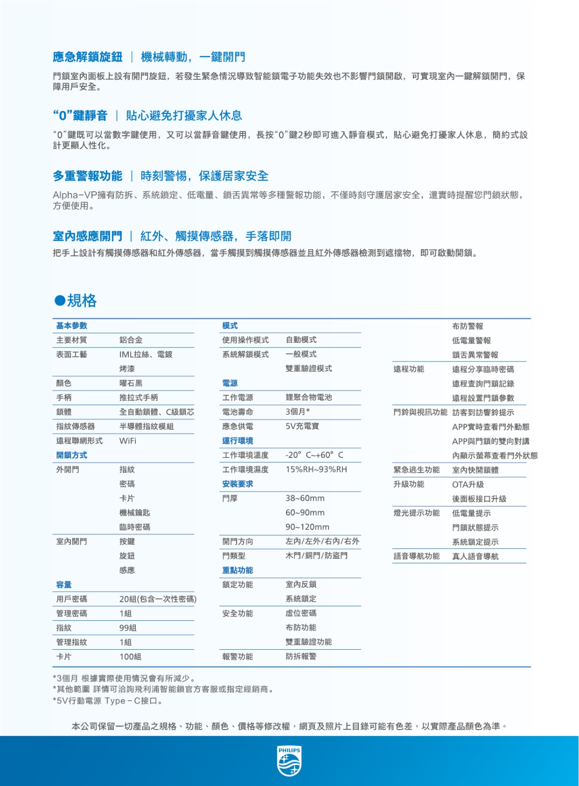 飛利浦電子鎖-ALPHA VP 規格介紹